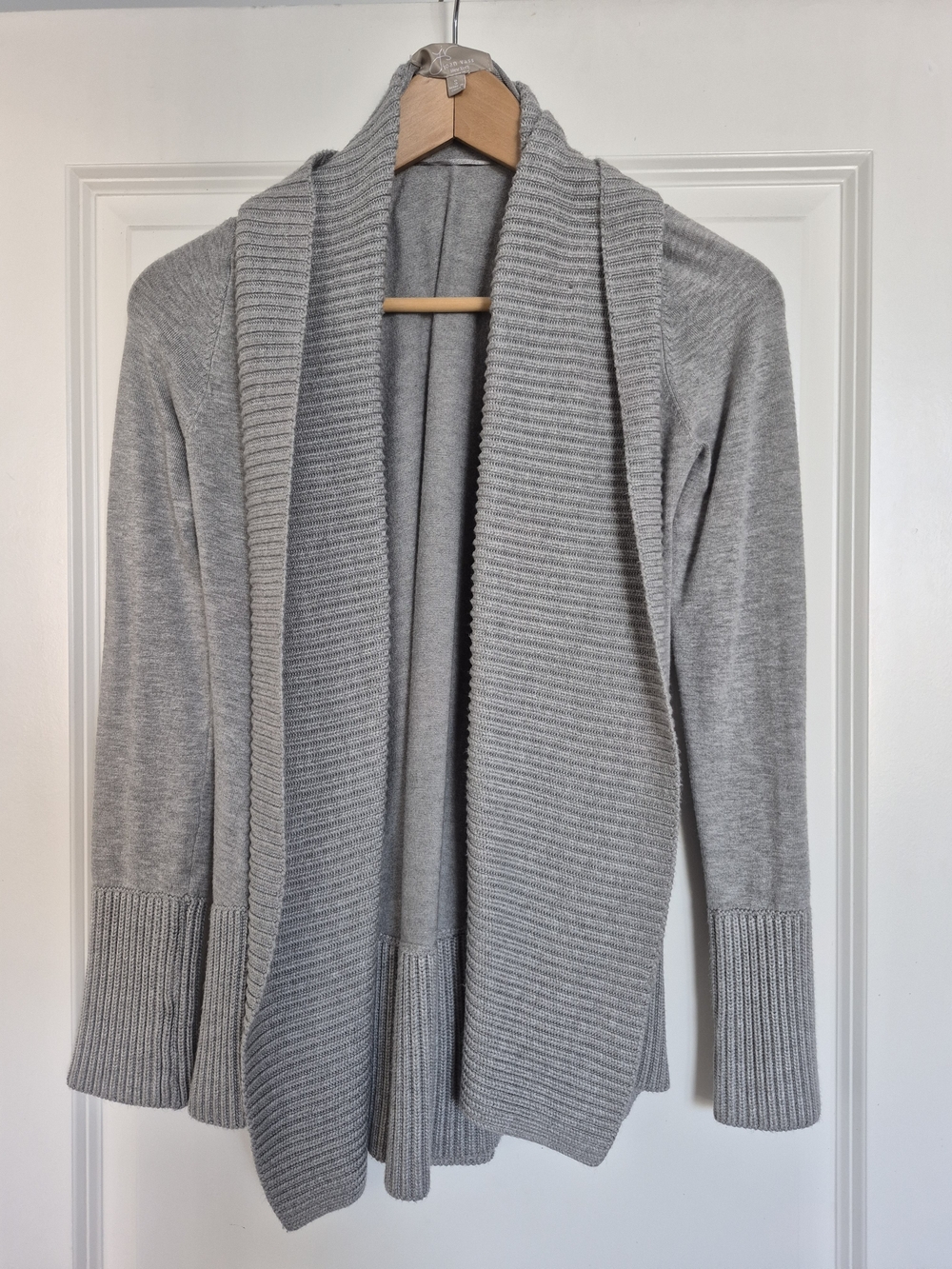 Joan Vass Light Gray Ribbed Shawl-Collar Open Cardigan